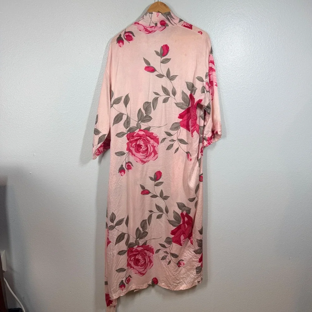 August Silk Robe Women M Pink Floral Long Silk Belted Pockets Lingerie